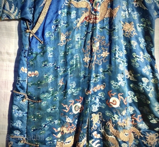 Imperial Chinese Robe: 19th century, nine dragons - one hidden inside flap. Condition is not great, staining upper front left and one or two loose threads here and there, especially golden threads  ...
