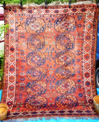 Turkmen main carpet of exceptional colours with archaic motifs throughout and a wonderful soft wool and floppy handle. 240cm x 205cm

This item is available for viewing at the following event:

http://www.pa-antiques.co.uk/londonantiquetextiles_vintagecostumes_tribalart_fair.html   