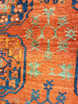 Turkmen main carpet of exceptional colours with archaic motifs throughout and a wonderful soft wool and floppy handle. 240cm x 205cm

This item is available for viewing at the following event:

http://www.pa-antiques.co.uk/londonantiquetextiles_vintagecostumes_tribalart_fair.html   