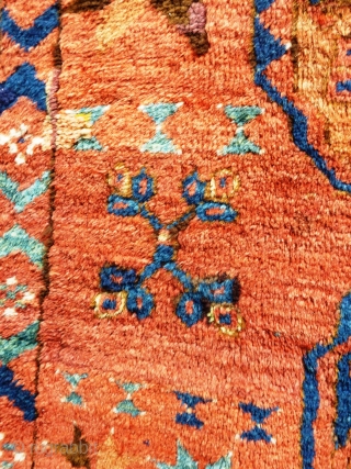 Turkmen main carpet of exceptional colours with archaic motifs throughout and a wonderful soft wool and floppy handle. 240cm x 205cm

This item is available for viewing at the following event:

http://www.pa-antiques.co.uk/londonantiquetextiles_vintagecostumes_tribalart_fair.html   