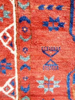 Turkmen main carpet of exceptional colours with archaic motifs throughout and a wonderful soft wool and floppy handle. 240cm x 205cm

This item is available for viewing at the following event:

http://www.pa-antiques.co.uk/londonantiquetextiles_vintagecostumes_tribalart_fair.html   