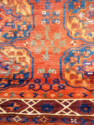 Turkmen main carpet of exceptional colours with archaic motifs throughout and a wonderful soft wool and floppy handle. 240cm x 205cm

This item is available for viewing at the following event:

http://www.pa-antiques.co.uk/londonantiquetextiles_vintagecostumes_tribalart_fair.html   