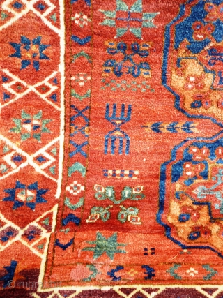Turkmen main carpet of exceptional colours with archaic motifs throughout and a wonderful soft wool and floppy handle. 240cm x 205cm

This item is available for viewing at the following event:

http://www.pa-antiques.co.uk/londonantiquetextiles_vintagecostumes_tribalart_fair.html   