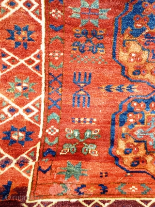 Turkmen main carpet of exceptional colours with archaic motifs throughout and a wonderful soft wool and floppy handle. 240cm x 205cm

This item is available for viewing at the following event:

http://www.pa-antiques.co.uk/londonantiquetextiles_vintagecostumes_tribalart_fair.html   