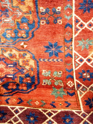 Turkmen main carpet of exceptional colours with archaic motifs throughout and a wonderful soft wool and floppy handle. 240cm x 205cm

This item is available for viewing at the following event:

http://www.pa-antiques.co.uk/londonantiquetextiles_vintagecostumes_tribalart_fair.html   