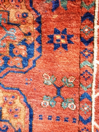 Turkmen main carpet of exceptional colours with archaic motifs throughout and a wonderful soft wool and floppy handle. 240cm x 205cm

This item is available for viewing at the following event:

http://www.pa-antiques.co.uk/londonantiquetextiles_vintagecostumes_tribalart_fair.html   