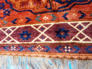 Turkmen main carpet of exceptional colours with archaic motifs throughout and a wonderful soft wool and floppy handle. 240cm x 205cm

This item is available for viewing at the following event:

http://www.pa-antiques.co.uk/londonantiquetextiles_vintagecostumes_tribalart_fair.html   