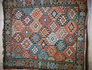 Shahsavan reverse-sumac bag face, 19th century, black wool corroding, evidence of fuchsine                     