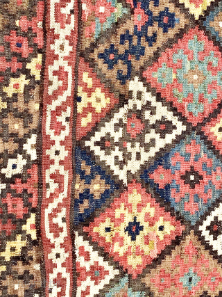 Old Bakhtiari kilim, Chahar Mahal, restoration and minor damage in places. Sides and ends secured. Needs a wash. Size: 280cm x 146cm / 9ft 2in x 4ft 10in. Pure wool.   