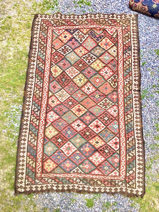 Old Bakhtiari kilim, Chahar Mahal, restoration and minor damage in places. Sides and ends secured. Needs a wash. Size: 280cm x 146cm / 9ft 2in x 4ft 10in. Pure wool.   