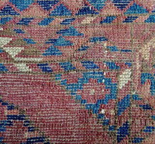 Late 19th-century Ersari Turkmen fragment, possibly a marriage or ‘hearth’ rug- has damage: one border has been reattached. Rich, soft, warm colours, wool feels very soft. Minor moth damage in places.
Size: 95cm  ...