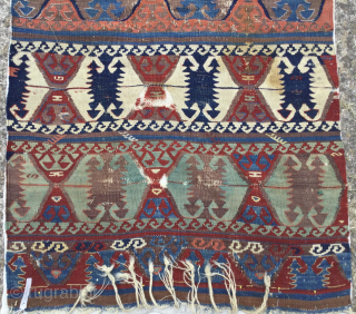 old, worn, Anatolian long half-Kilim. Size: 301cm x 84. Now backed with hemp material.                   