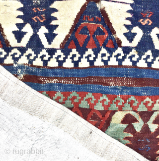 old, worn, Anatolian long half-Kilim. Size: 301cm x 84. Now backed with hemp material.                   