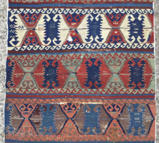 old, worn, Anatolian long half-Kilim. Size: 301cm x 84. Now backed with hemp material.                   