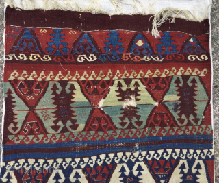 old, worn, Anatolian long half-Kilim. Size: 301cm x 84. Now backed with hemp material.                   