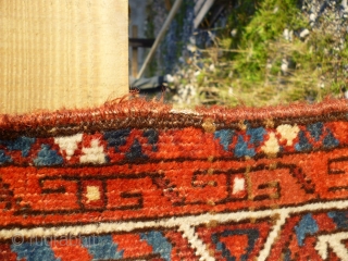 Good antique Turkmen main carpet. Ersari field motifs. Colours: raspberry red abrashed main field ( not clearly represented by all featured photos ), light blue, dark blue, sea green, yellow, white, brown,  ...
