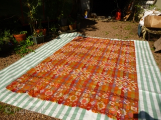 Dated Anatolian cover or Cicim. 

Size: 114 x 70 inches or 290 x 180 cm

Aged: dated 1944, see photo

Colours:  pinks, purples, ochres, reds, yellows, tangerine, olive green, white.

Condition: a couple of  ...