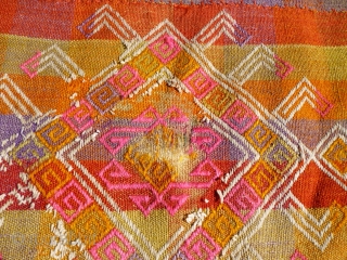 Dated Anatolian cover or Cicim. 

Size: 114 x 70 inches or 290 x 180 cm

Aged: dated 1944, see photo

Colours:  pinks, purples, ochres, reds, yellows, tangerine, olive green, white.

Condition: a couple of  ...