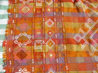 Dated Anatolian cover or Cicim. 

Size: 114 x 70 inches or 290 x 180 cm

Aged: dated 1944, see photo

Colours:  pinks, purples, ochres, reds, yellows, tangerine, olive green, white.

Condition: a couple of  ...