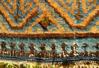 Ancient and charming little Caucasian Kuba rug with Seychour double border and dazzling abrashed main field with lattice of palmettes including pea green highlights. Original condition with a couple of tiny holes:  ...