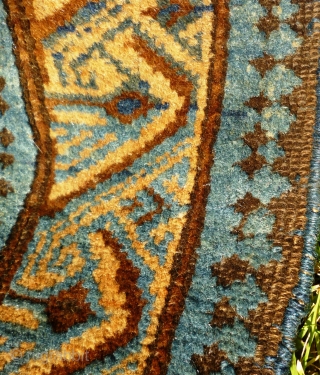 Ancient and charming little Caucasian Kuba rug with Seychour double border and dazzling abrashed main field with lattice of palmettes including pea green highlights. Original condition with a couple of tiny holes:  ...