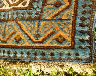 Ancient and charming little Caucasian Kuba rug with Seychour double border and dazzling abrashed main field with lattice of palmettes including pea green highlights. Original condition with a couple of tiny holes:  ...