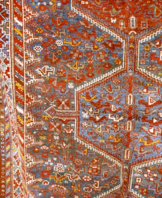 Colourful Khamseh 'chicken' carpet, 232 cm x 158 cm. Probably at least 100 years old with wonderful abrash in main field of different blues, nice greens in border. Two different yellows, one  ...