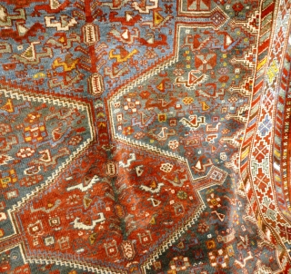 Colourful Khamseh 'chicken' carpet, 232 cm x 158 cm. Probably at least 100 years old with wonderful abrash in main field of different blues, nice greens in border. Two different yellows, one  ...