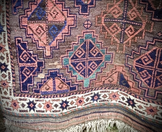 Old Baluch rug, possibly Khorasan. Lovely palette of natural colours including vivid greens and blues. Wonderfully soft wool and original sides and ends. Minor re-piling and repairs in one or two small  ...