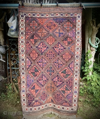 Old Baluch rug, possibly Khorasan. Lovely palette of natural colours including vivid greens and blues. Wonderfully soft wool and original sides and ends. Minor re-piling and repairs in one or two small  ...