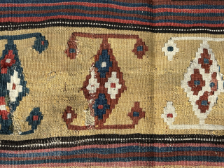 Old South West Persian pure wool ghileem, flat-woven carpet. Luri? Minor wear and damage in one or two places. Lovely abrashed greens. Size: approx 270 x 160 cm. The white details are  ...