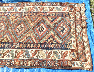 Luscious 19th century Tribal Persian long rug or carpet. Kurdish? Pure wool, vegetal colours. In so called ‘country house’ condition (meaning uneven wear, sides and ends tatty in places - see photos).  ...