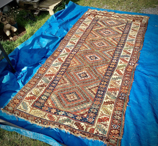 Luscious 19th century Tribal Persian long rug or carpet. Kurdish? Pure wool, vegetal colours. In so called ‘country house’ condition (meaning uneven wear, sides and ends tatty in places - see photos).  ...