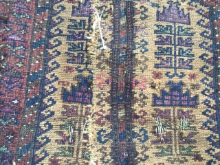 Old, worn, Afghan Baluch tree of life, camel ground prayer rug. Wool on wool with Numerous silk highlights: white, lime green, mauve, pink, etc. Holed and damaged. Original sides and ends. Size:  ...