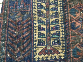 Old, worn, Afghan Baluch tree of life, camel ground prayer rug. Wool on wool with Numerous silk highlights: white, lime green, mauve, pink, etc. Holed and damaged. Original sides and ends. Size:  ...