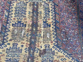 Old, worn, Afghan Baluch tree of life, camel ground prayer rug. Wool on wool with Numerous silk highlights: white, lime green, mauve, pink, etc. Holed and damaged. Original sides and ends. Size:  ...