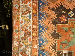 Funky Early 20th Century Caucasian Azerbaijan Rug with Lesghi stars and zoomorphic figures. Great colours, good shape and size. Acceptable condition - minor issue with selvedge lower left, see photos. Not unattractive  ...