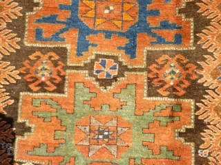 Funky Early 20th Century Caucasian Azerbaijan Rug with Lesghi stars and zoomorphic figures. Great colours, good shape and size. Acceptable condition - minor issue with selvedge lower left, see photos. Not unattractive  ...