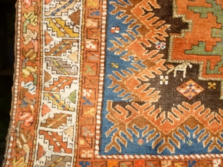 Funky Early 20th Century Caucasian Azerbaijan Rug with Lesghi stars and zoomorphic figures. Great colours, good shape and size. Acceptable condition - minor issue with selvedge lower left, see photos. Not unattractive  ...