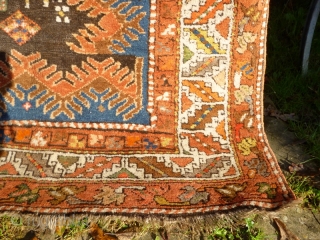 Funky Early 20th Century Caucasian Azerbaijan Rug with Lesghi stars and zoomorphic figures. Great colours, good shape and size. Acceptable condition - minor issue with selvedge lower left, see photos. Not unattractive  ...