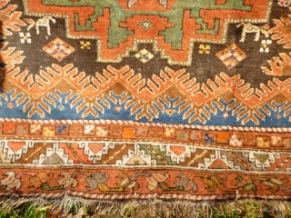 Funky Early 20th Century Caucasian Azerbaijan Rug with Lesghi stars and zoomorphic figures. Great colours, good shape and size. Acceptable condition - minor issue with selvedge lower left, see photos. Not unattractive  ...