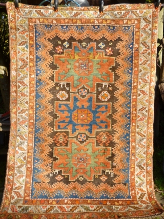 Funky Early 20th Century Caucasian Azerbaijan Rug with Lesghi stars and zoomorphic figures. Great colours, good shape and size. Acceptable condition - minor issue with selvedge lower left, see photos. Not unattractive  ...