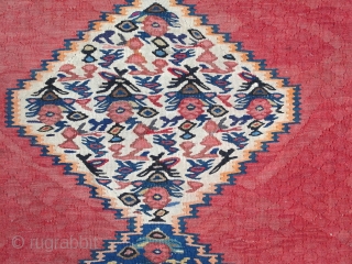 Antique Persian Kilim 59” x 42”
Excellent condition
Oriental flat weave rug
Wool wefts with cotton warps 
West Persia “Senna”
Possibly Kurdish made?
Purchase in the early 1970’s in Vienna Austria
Never used on the floor
   