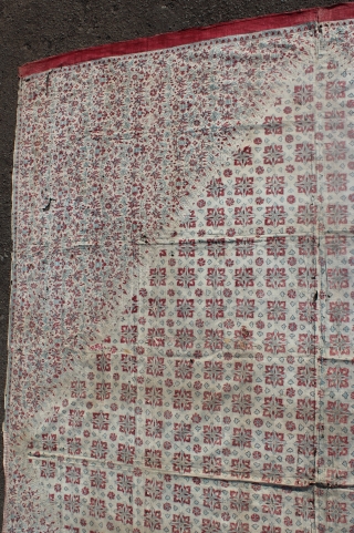 Indian chintz Coromandel coast textile found from Lampung Indonesia. This cloth in Lampung we call Lelohor Batik India. 17th-18th century. Size: 265cm X 205cm. Conditions with many small holes and repair. Please  ...