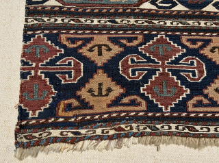 Qarabagh mafrash panel
105cm X 48cm
very good condition- a few old repairs
see John Wertime's Sumak Bags- pg174 - plate 105
currently mounted on white canvas
email: tribalwool@gmail.com