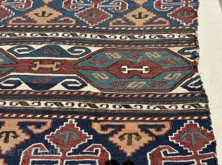 Qarabagh mafrash panel
105cm X 48cm
very good condition- a few old repairs
see John Wertime's Sumak Bags- pg174 - plate 105
currently mounted on white canvas
email: tribalwool@gmail.com