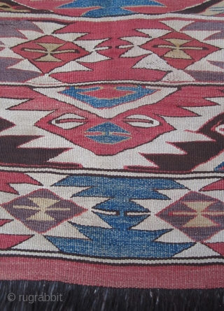 Mid-19th Century Southern Toros Mountain - renown as a Mut (İçel), Anatolian utilitarian kilim.  This is a strikingly "busy" and very unique kilim with goat hair straight fringes.  All natural  ...