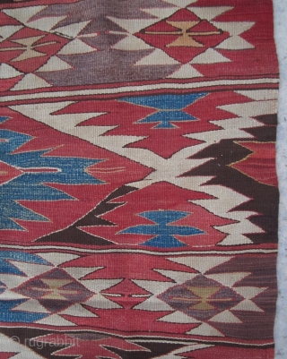 Mid-19th Century Southern Toros Mountain - renown as a Mut (İçel), Anatolian utilitarian kilim.  This is a strikingly "busy" and very unique kilim with goat hair straight fringes.  All natural  ...