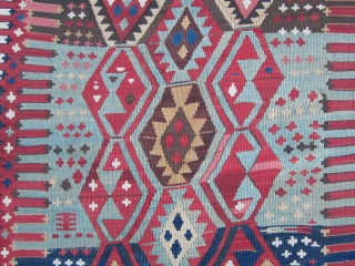 19th Century Kagizman (Kars) Anatolian, Turkish utilitarian kilim.
All natural vegetable and root dye derivatives... an array of very nice organic colors and balance. Some expert-masterfully performed repairs. 
Size: 149 inches long x  ...