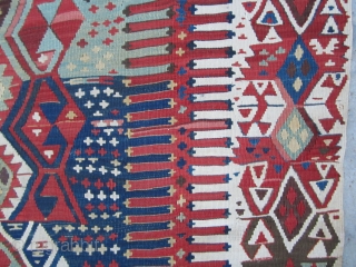 19th Century Kagizman (Kars) Anatolian, Turkish utilitarian kilim.
All natural vegetable and root dye derivatives... an array of very nice organic colors and balance. Some expert-masterfully performed repairs. 
Size: 149 inches long x  ...